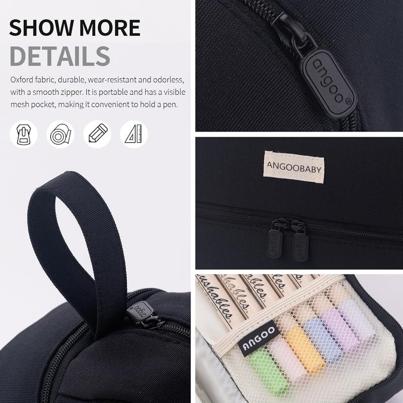 ANGOOBABY Big Capacity Large Pencil Case Canvas Pen Pouch Bag with 2 Compartments for Girls Boys Teen School Students Adults - Black - Image 2